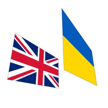 Beyaz arka planda Ukrayna ve Büyük Britanya bayrakları. Ülkelerin dostluğu.