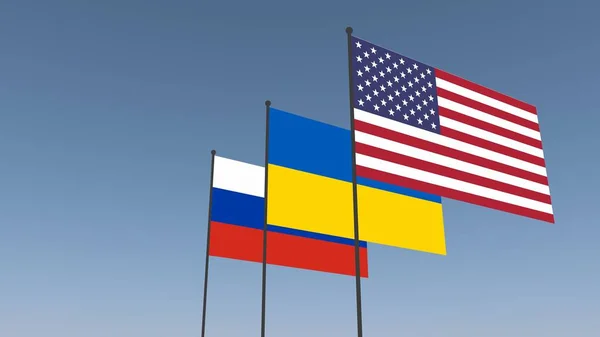 Förvandling Förenta Staternas Ukrainas Och Rysslands Flagga Mot Himlen — Stockfoto