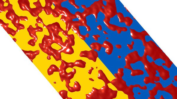 Footage of blood stains or red paint on the flag of Ukraine. 3d rendering.