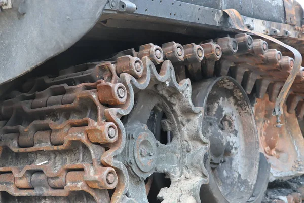 Caterpillar from a captured Russian tank. War in Ukraine.