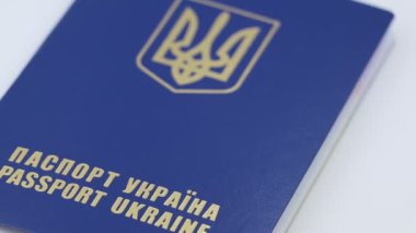 Foreign blue passport of Ukraine. Document or pass. Statehood.