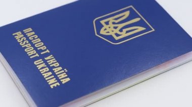 Foreign blue passport of Ukraine. Document or pass. Statehood.