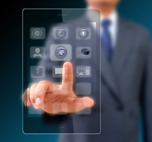Biznesmen dotykając ekranu na nowoczesny telefon inteligentny — Zdjęcie stockowe