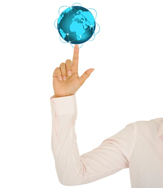 ビジネスの女性が彼の手に輝く地球地球を保持 — ストック写真
