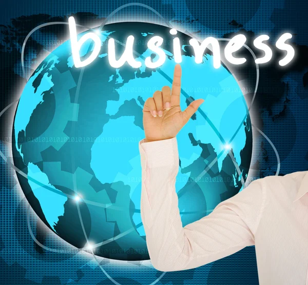 Üzleti nő kéz kapcsolat az üzleti gomb — Stock Fotó