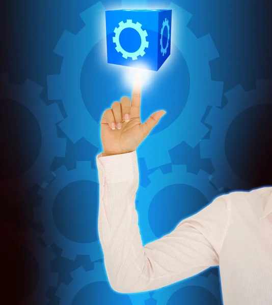 Businesswoman hand pushing Cog — Stock Photo, Image