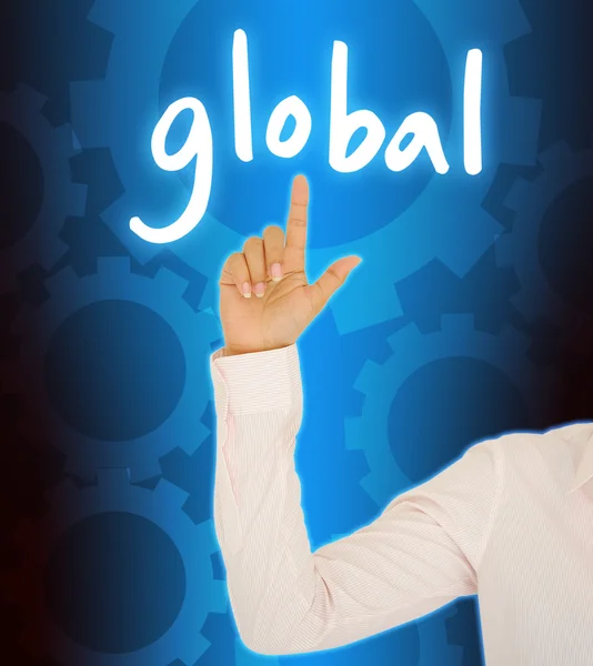 Geschäftsfrau Handkontakt mit globalem Knopf — Stockfoto