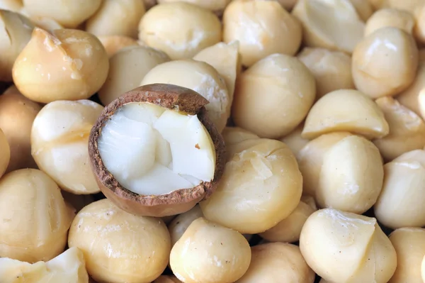 Nueces de macadamia sin cáscara y sin cáscara —  Fotos de Stock