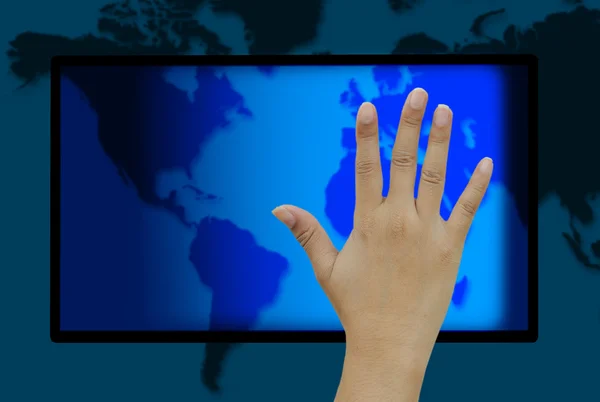 Hands with world mail delivery on world map background — Stock Photo, Image