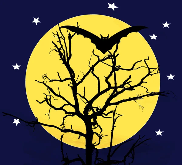 Illustrations of Halloween night with bats flying over blue moon — Stock Photo, Image