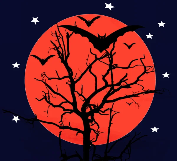 Illustrazioni di notte di Halloween con i pipistrelli che volano sopra la luna blu — Foto Stock