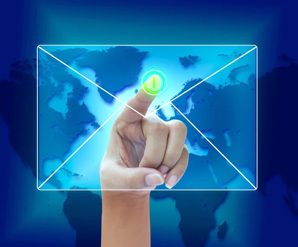 Hands with world mail delivery on world map background — Stock Photo, Image