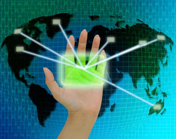 Hands with world mail delivery on world map background — Stock Photo, Image