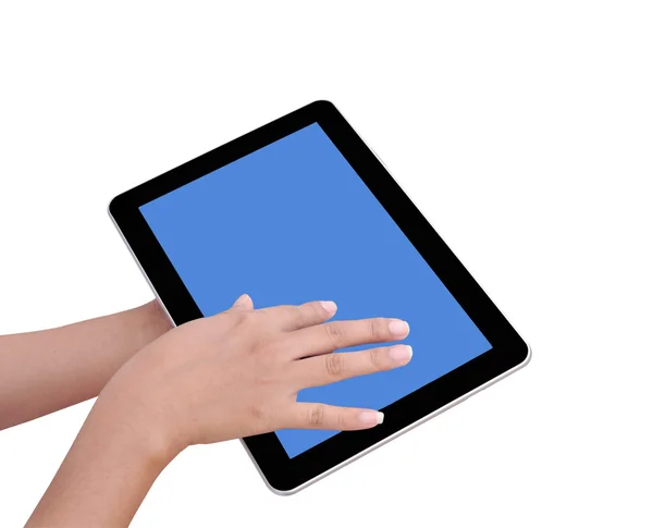 Holds and touch tablet computer isolated on white background — Stock Photo, Image