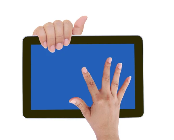 Holds and touch tablet computer isolated on white background — Stock Photo, Image