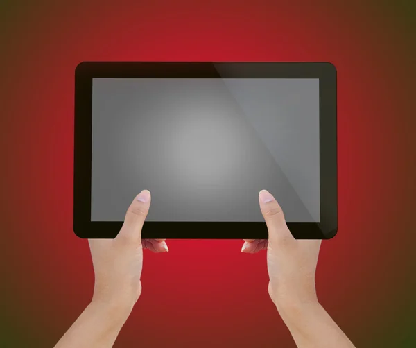 Hand kvinnliga att hålla TabletPC eller andra palm gadget abstrakt bakgrund — Stockfoto