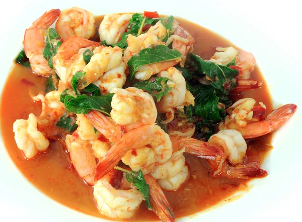 Thai food, shrimp ,with chili pepper and sweet basil. — Stock Photo, Image