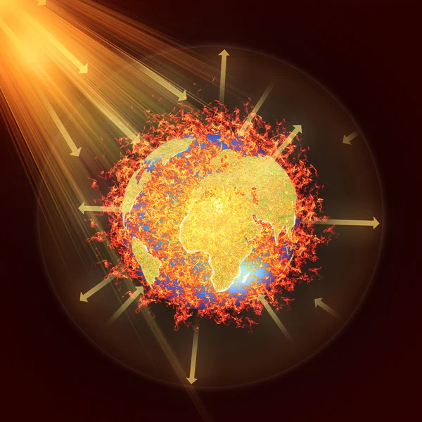 Esquema de efecto invernadero de la atmósfera terrestre con rayos de sol y plan — Foto de Stock