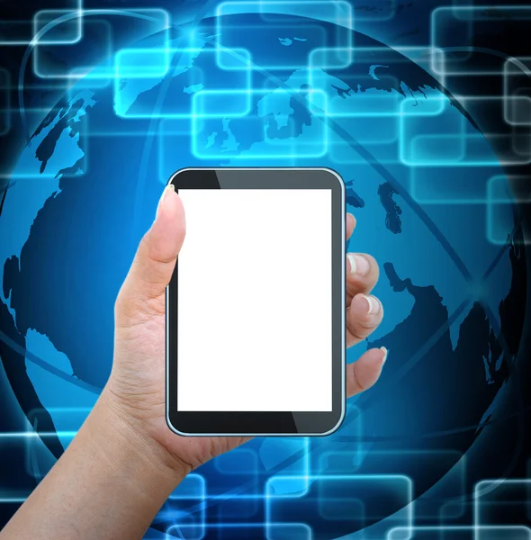 Hålla smart mobiltelefon med världen teknik bakgrund — Stockfoto