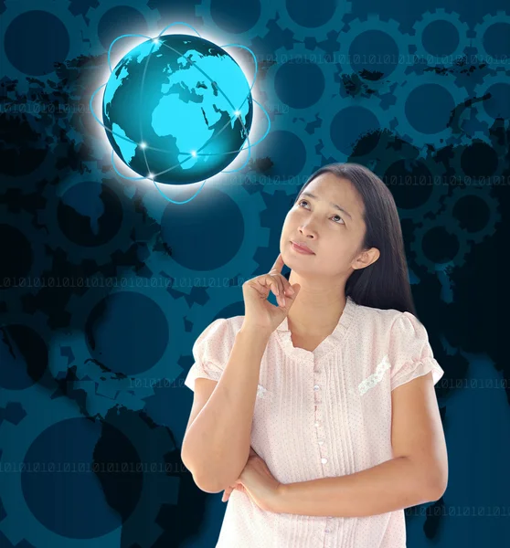 Woman looking world technology — Stock Photo, Image