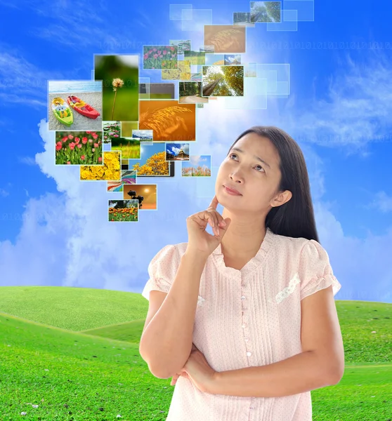 Woman looking button streaming images — Stock Photo, Image