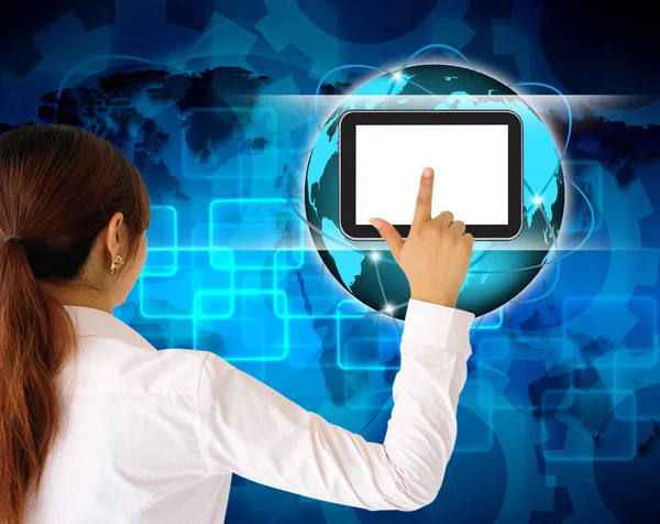 Businesswoman hand pushing tablet computer — Stock Photo, Image