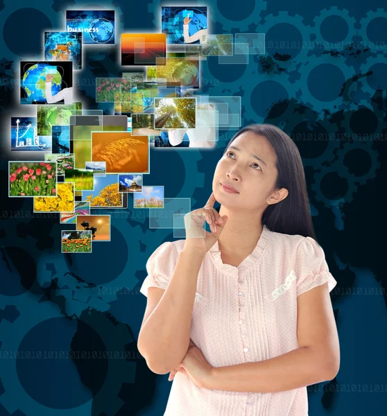 Woman looking button streaming multimedia from internet — Stock Photo, Image