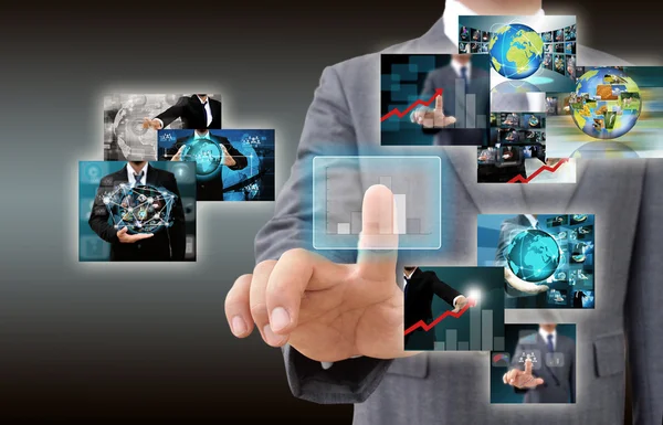 Businessman holding Reaching images streaming in hands .Financia — Stock Photo, Image