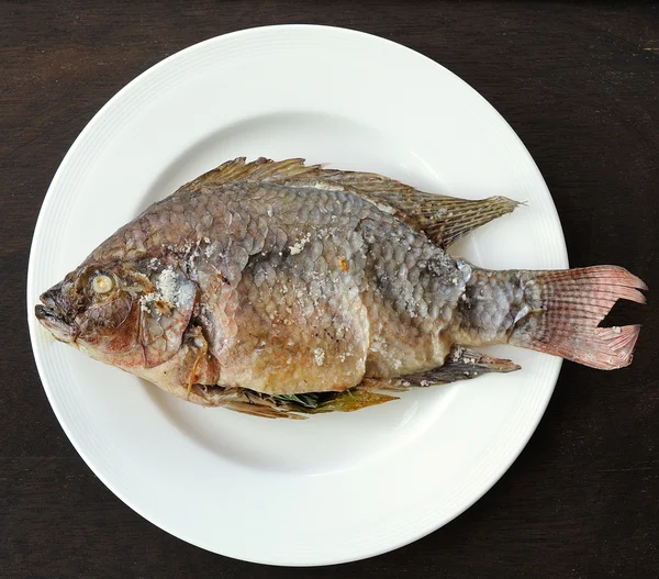 Grill fish with salt on plate — Stock Photo, Image