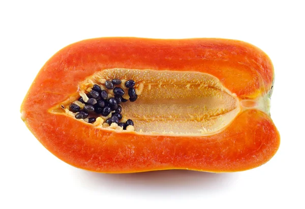 Verse rijpe sappige papaja slice op witte achtergrond — Stockfoto