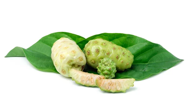 Exotic Fruit - Noni with leaf on white background — Stock Photo, Image