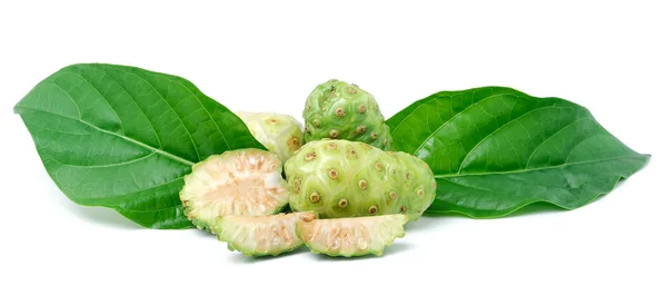 Exotic Fruit - Noni with leaf on white background — Stock Photo, Image