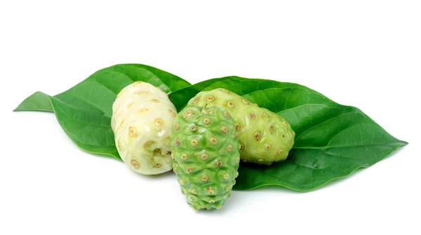 Exotic Fruit - Noni with leaf on white background — Stock Photo, Image