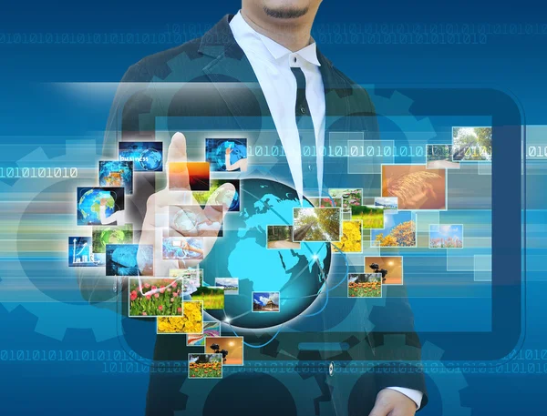 Businessman hand Reaching images streaming in hands .Financial — Stock Photo, Image