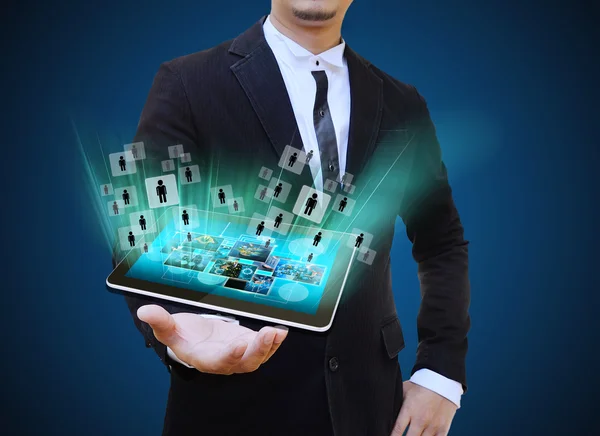 Businessman holding tablet technology business concept — Stock Photo, Image