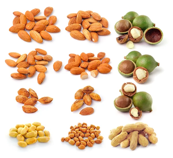Almendras, nueces de macadamia, cacahuetes —  Fotos de Stock