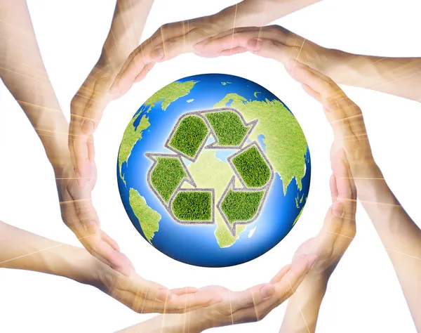 Hands making a circle  Surrounding the recycle Earth — Stock Photo, Image