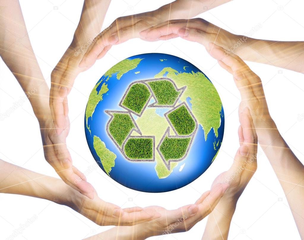  hands making a circle  Surrounding the recycle Earth 