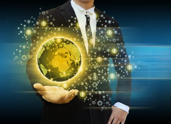 Businessman holding world social network — Stock Photo, Image