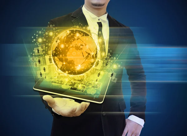 Businessman holding tablet technology business concept — Stock Photo, Image