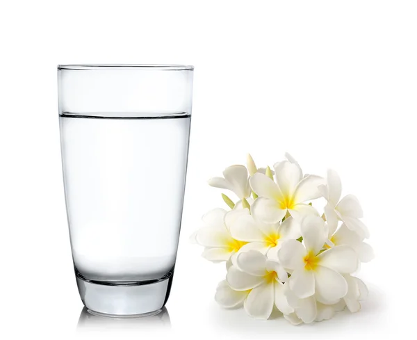 Glas vatten och tropiska blommor frangipani (plumeria) — Stockfoto