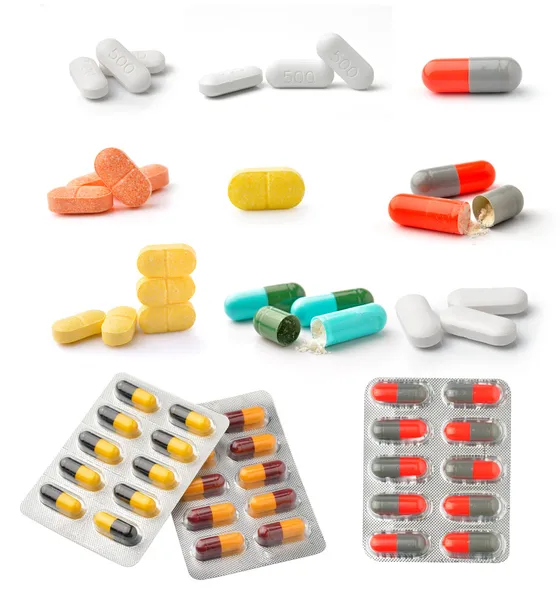 Pills and capsules isolated on white background — Stock Photo, Image