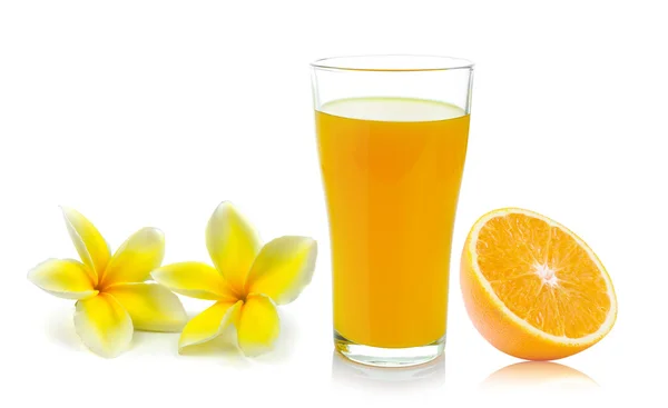 Fresh orange glass with juice and Frangipani flower — Stock Photo, Image