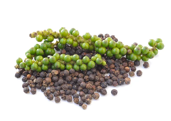 Black peppercorn and Bunches of fresh green pepper isolated on w — Stock Photo, Image