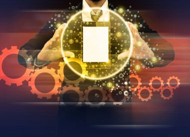 Dünya teknolojisi cep telefonu tutan işadamı