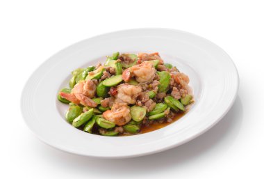 Kızarmış Parkia. Karides ve kaynak.