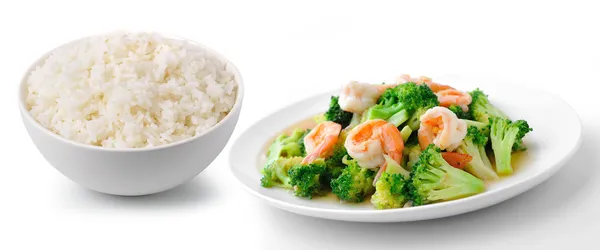 Arroz con comida saludable tailandesa brócoli salteado con camarones —  Fotos de Stock