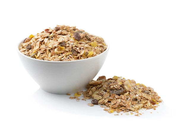 Müsli frukost på vit bakgrund — Stockfoto