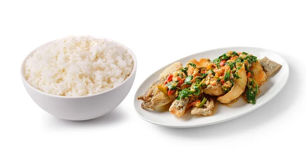 Ris i en vit skål läckra mat thailand stil — Stockfoto