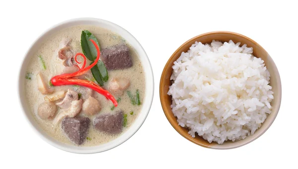 Thaifood kruidige kip curry in kokosmelk en rijst — Stockfoto